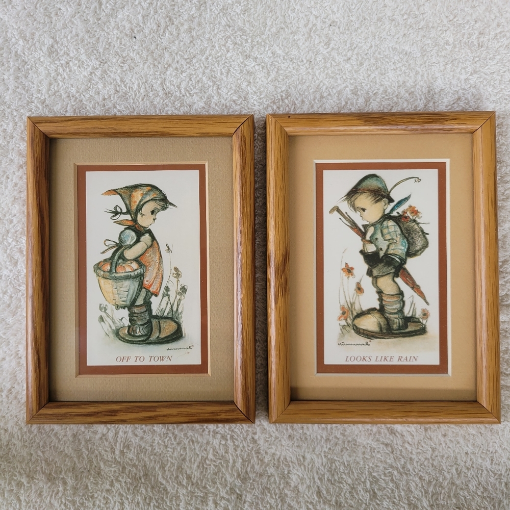 Vintage Hummel Off To Town and Looks like Rain Framed Artwork Picture 1987